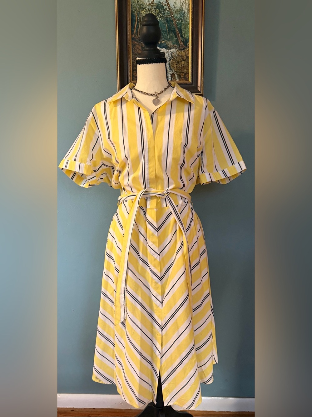 A New Day Preppy Yellow White Striped Cotton Shirtdress Belted Midi XL